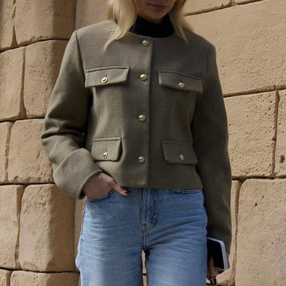 Khaki Casual Women's Tweed Jacket Round Neckline Decorated Long Sleeves Coat - Picture 2 of 8